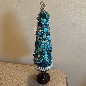 Beaded Christmas jewelry tree aqua, blue, teal. Hand made. One of a kind.